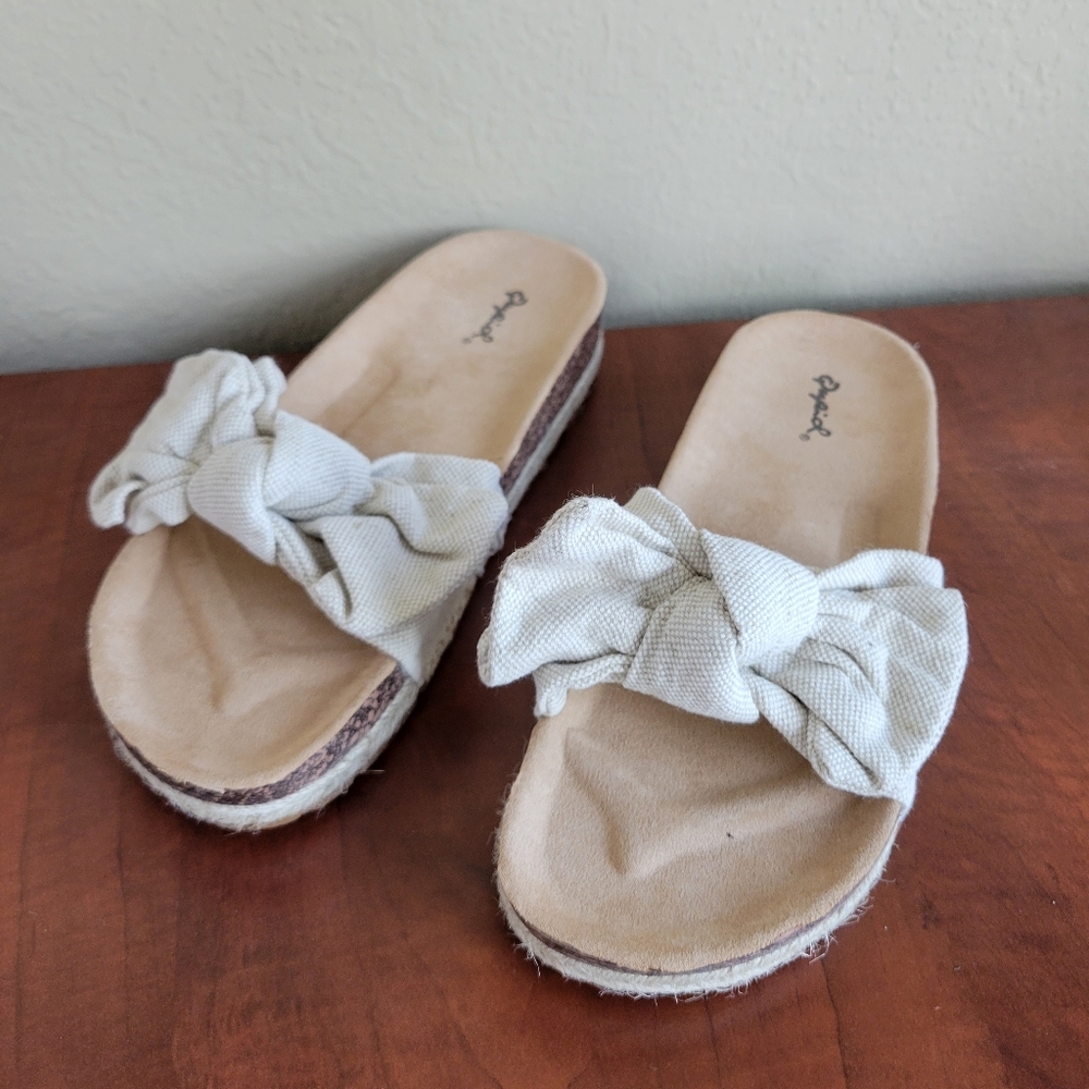 New - Women's Qupid Haidy Bow Espadrille Slide Sandals In Beige Size 7 - Picture 2 of 10